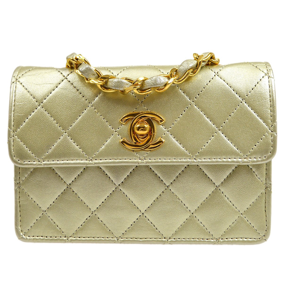 CHANEL 1989-1991 Gold Lambskin Straight Flap Micro