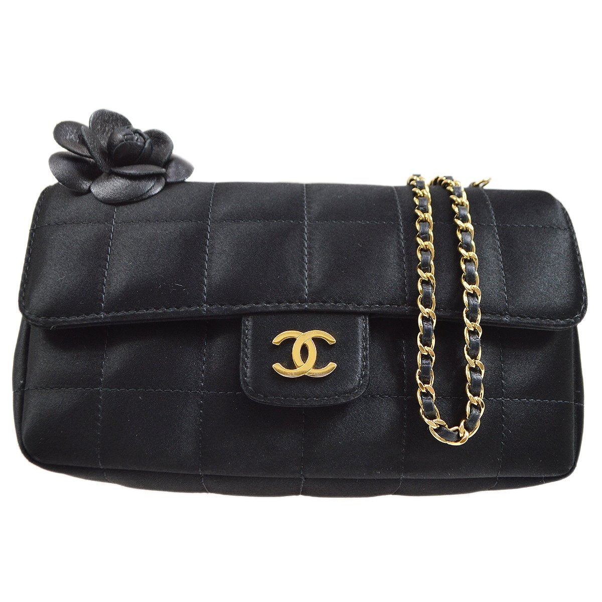 CHANEL 2009-2010 Camellia Choco Bar Single Chain Shoulder Bag Black Satin