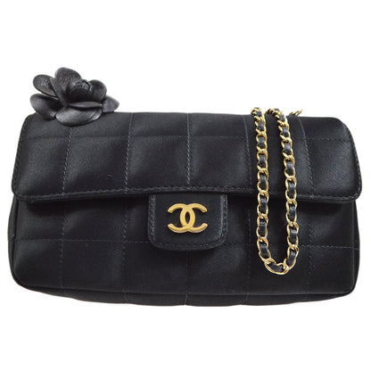 CHANEL 2009-2010 Camellia Choco Bar Single Chain Shoulder Bag Black Satin
