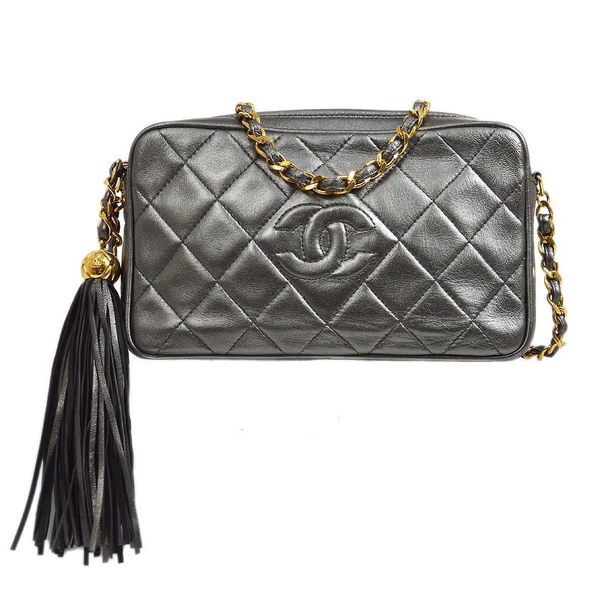 CHANEL 1991-1994 Metallic Gray Lambskin Diamond Camera Bag Mini