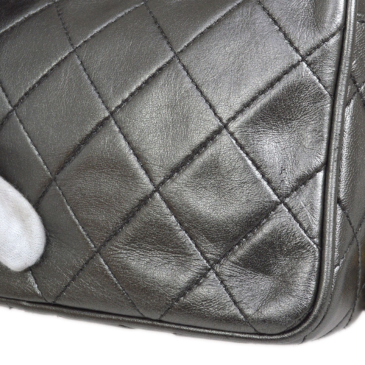 CHANEL 1991-1994 Metallic Gray Lambskin Diamond Camera Bag Mini