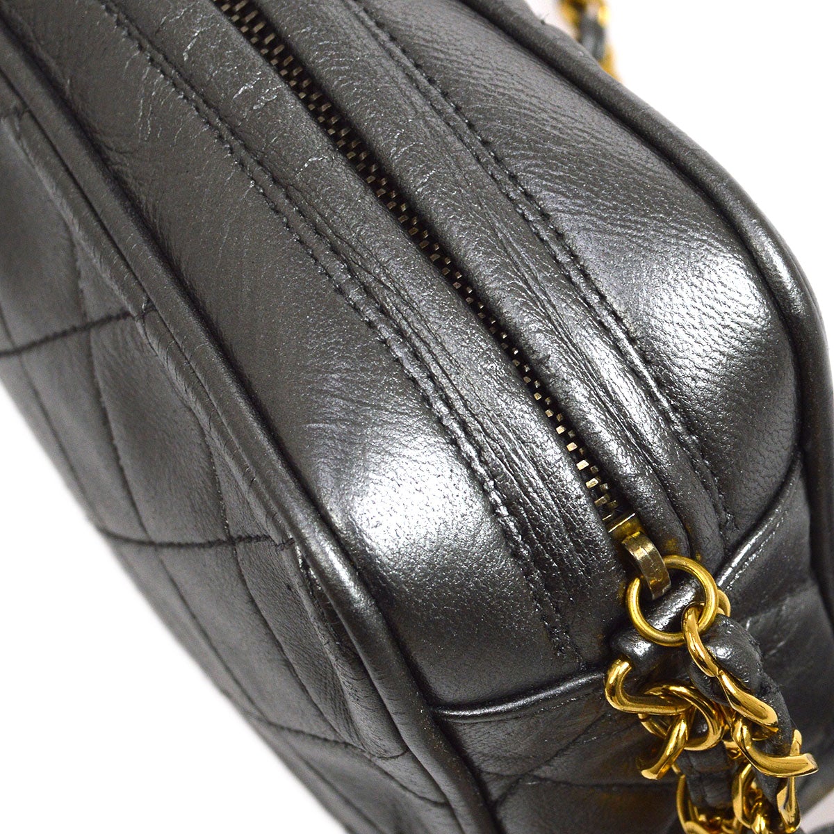 CHANEL 1991-1994 Metallic Gray Lambskin Diamond Camera Bag Mini
