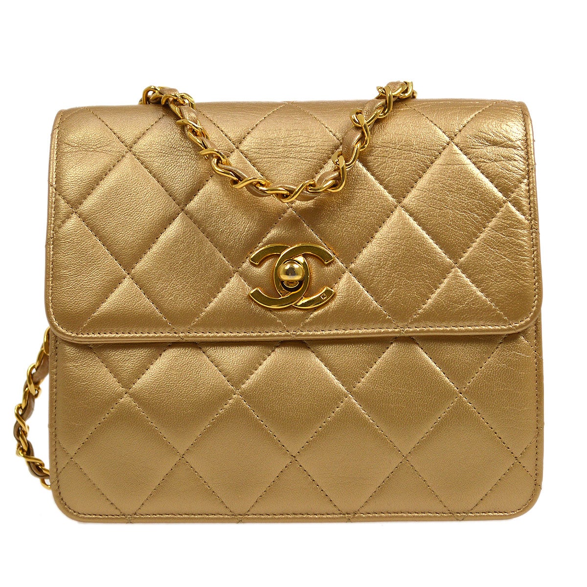 CHANEL 1991-1994 Gold Lambskin Straight Flap Mini