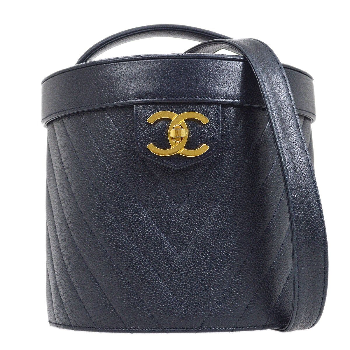 CHANEL 1990s Chevron Vanity Handbag Navy Caviar