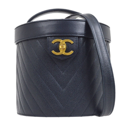 CHANEL 1990s Chevron Vanity Handbag Navy Caviar