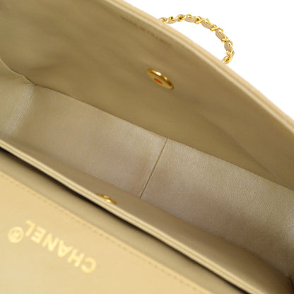 CHANEL 1989-1991 Round Border Flap Large & Pouch Set Beige Lambskin