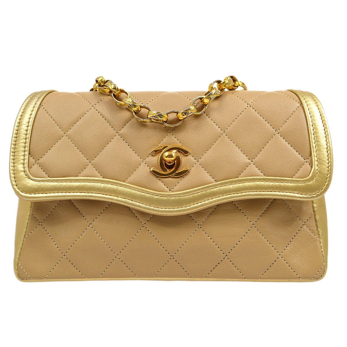 CHANEL 1989-1991 Beige Gold Lambskin Curved Flap Mini