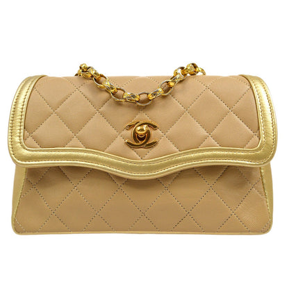 CHANEL 1989-1991 Beige Gold Lambskin Curved Flap Mini