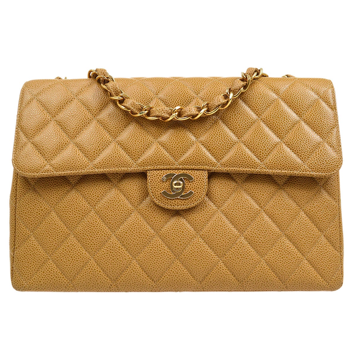 CHANEL 2000-2001 Beige Caviar Classic Flap Jumbo