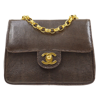 CHANEL 1989-1991 Classic Square Flap 17 Brown Lizard