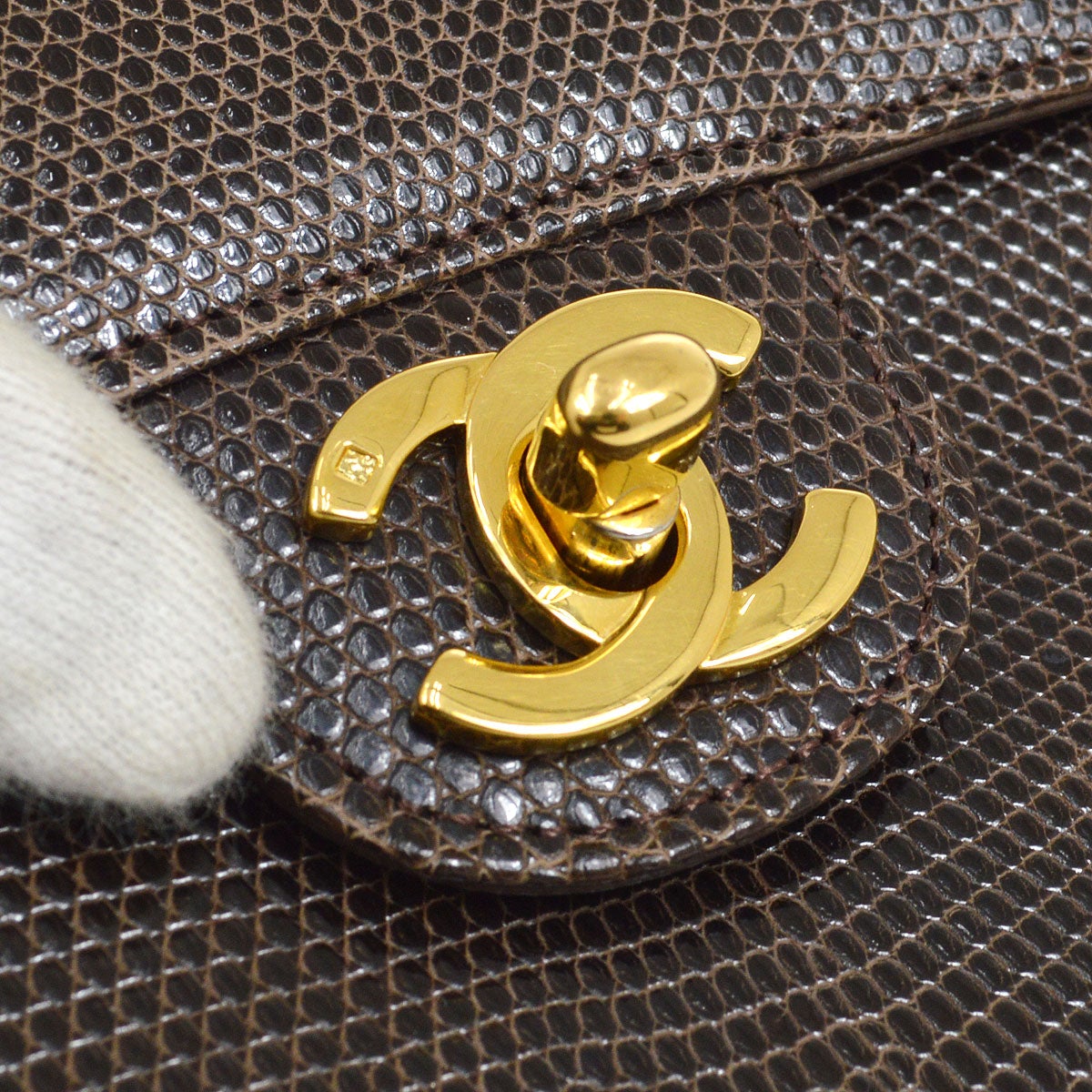 CHANEL 1989-1991 Classic Square Flap 17 Brown Lizard