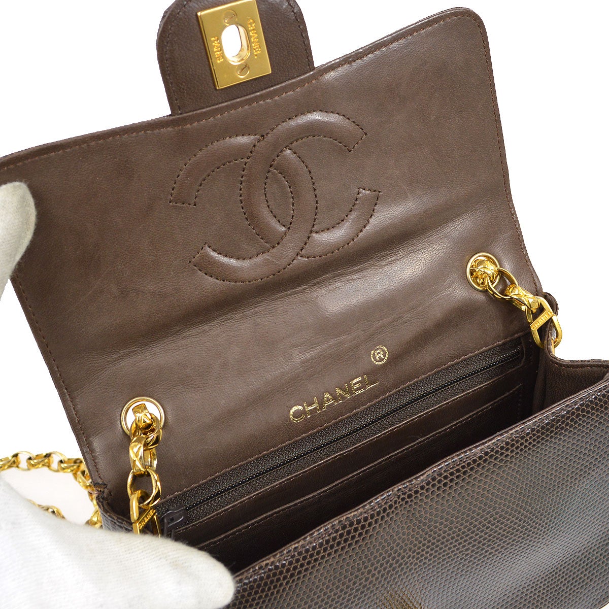 CHANEL 1989-1991 Classic Square Flap 17 Brown Lizard