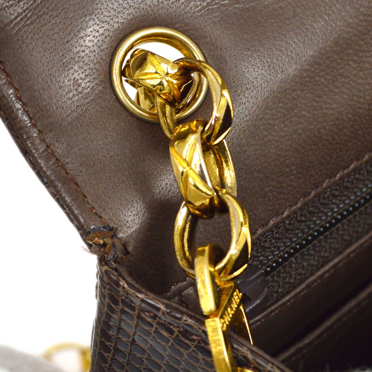 CHANEL 1989-1991 Classic Square Flap 17 Brown Lizard
