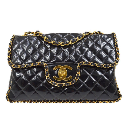 CHANEL * 1994 Black Patent Leather Chain Around Classic Flap Maxi