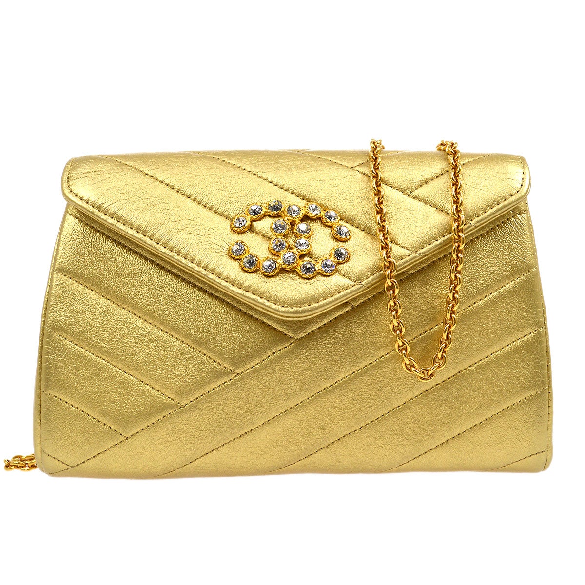 CHANEL 1991-1994 Gold Lambskin Diagonal Rhinestone CC Evening Bag