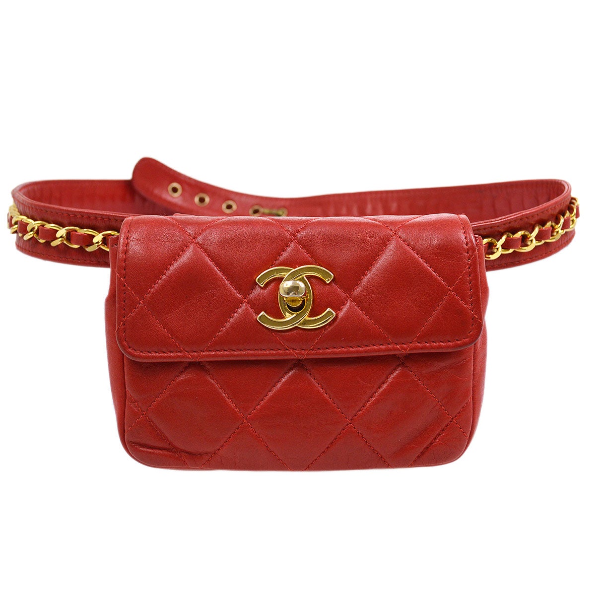 CHANEL 1991-1994 Red Lambskin Quilted Belt Bag