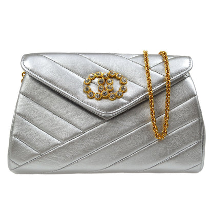 CHANEL 1991-1994 Silver Lambskin Diagonal Rhinestone CC Evening Bag
