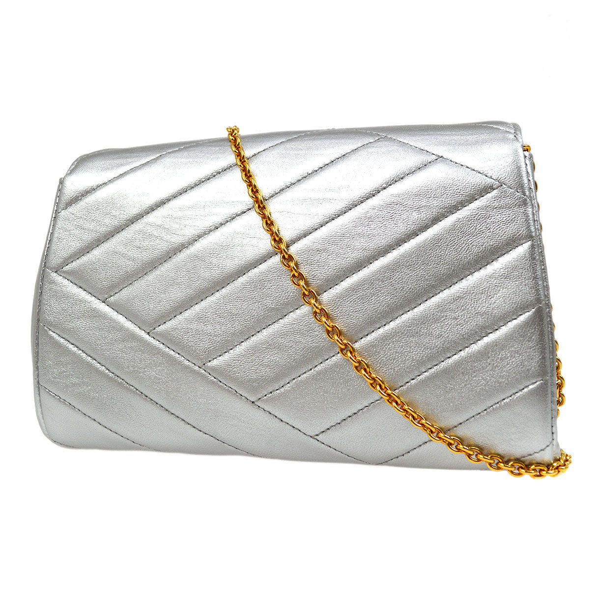 CHANEL 1991-1994 Silver Lambskin Diagonal Rhinestone CC Evening Bag