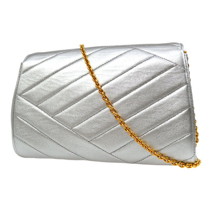 CHANEL 1991-1994 Silver Lambskin Diagonal Rhinestone CC Evening Bag