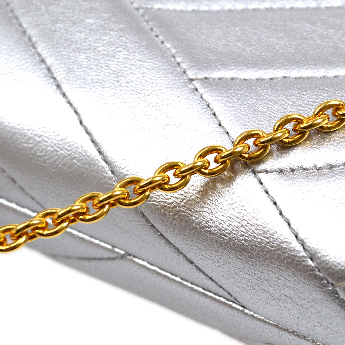 CHANEL 1991-1994 Silver Lambskin Diagonal Rhinestone CC Evening Bag