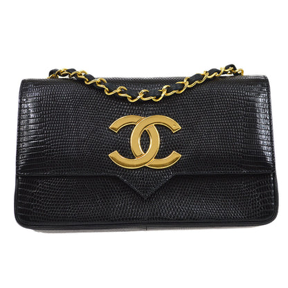 CHANEL 1989-1991 Black Lizard Pointed Flap Bag
