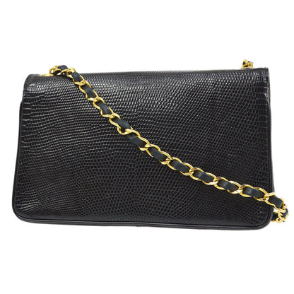 CHANEL 1989-1991 Black Lizard Pointed Flap Bag