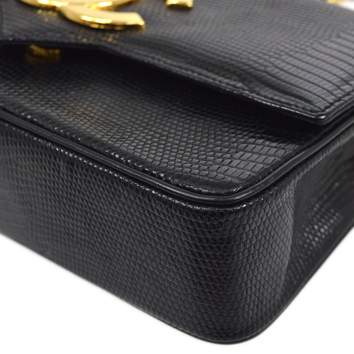 CHANEL 1989-1991 Black Lizard Pointed Flap Bag
