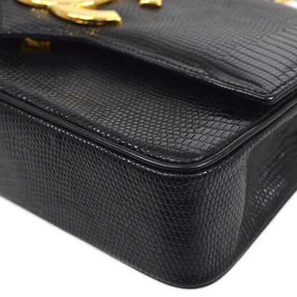 CHANEL 1989-1991 Black Lizard Pointed Flap Bag