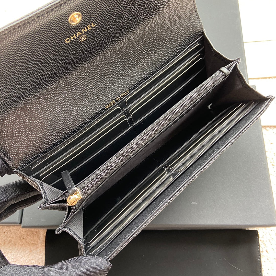 CHANEL Classic Long Wallet 19cm Black Grained Calfskin