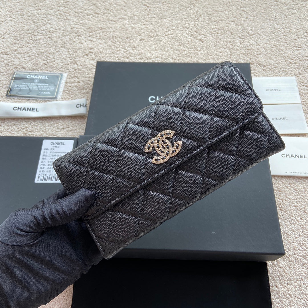 CHANEL Classic Long Wallet 19cm Black Grained Calfskin