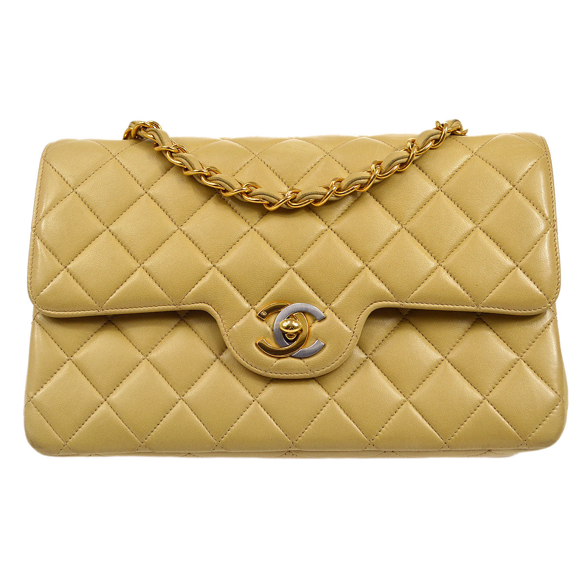 CHANEL 1996-1997 Paris Limited Round Double Flap Small Beige Lambskin