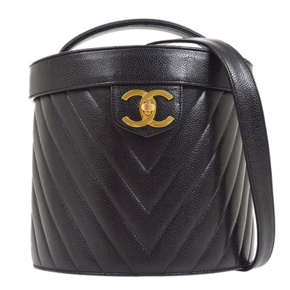 CHANEL 1996-1997 Black Caviar Chevron Vanity Handbag