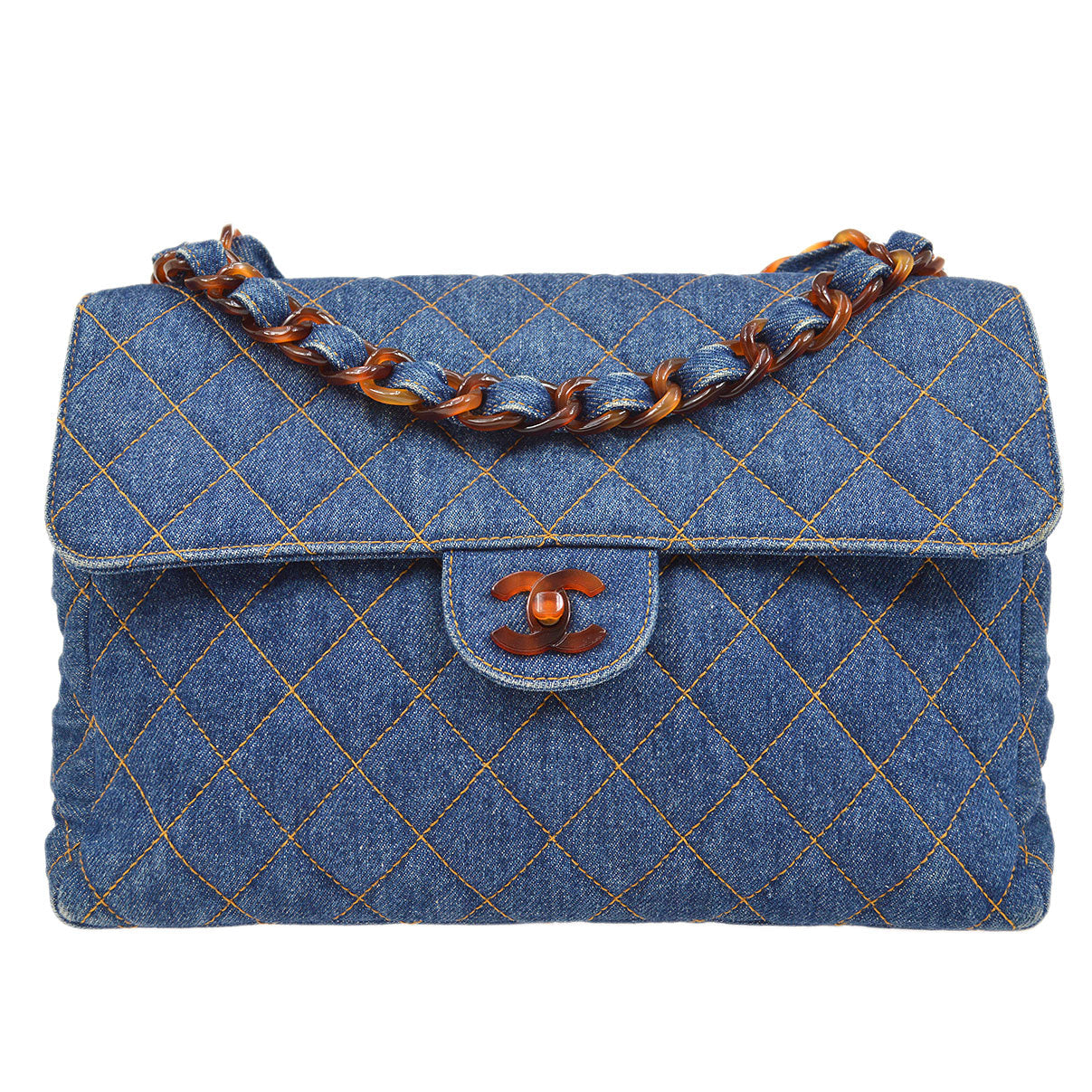 CHANEL 1996-1997 Denim Faux Tortoiseshell Chain Classic Flap Jumbo