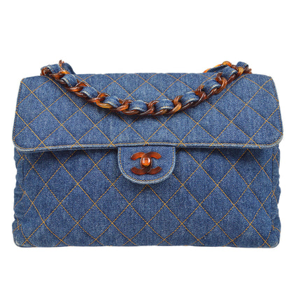 CHANEL 1996-1997 Denim Faux Tortoiseshell Chain Classic Flap Jumbo