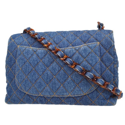 CHANEL 1996-1997 Denim Faux Tortoiseshell Chain Classic Flap Jumbo