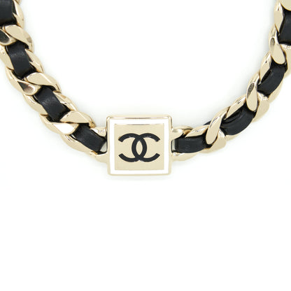 Chanel Square CC Leather Chain Choker Black And Light Gold Tone