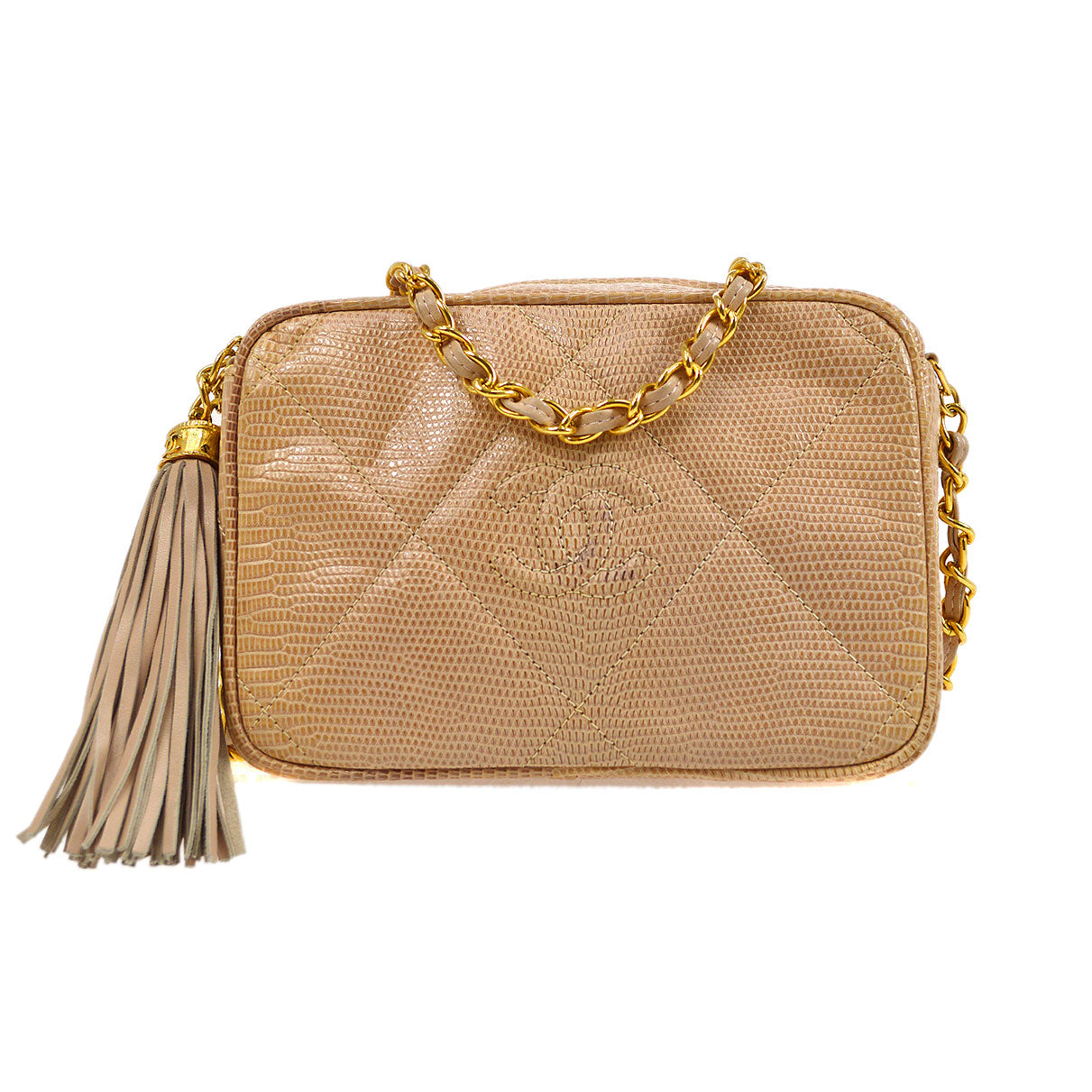 CHANEL * 1986-1988 Beige Lizard Diamond Camera Bag Mini
