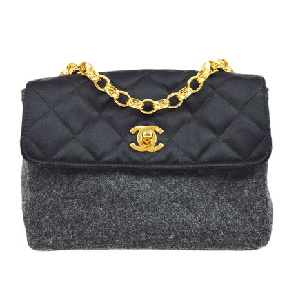 CHANEL 1989-1991 Black Satin Grey Wool Straight Flap Mini