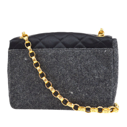CHANEL 1989-1991 Black Satin Grey Wool Straight Flap Mini