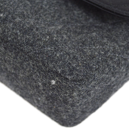 CHANEL 1989-1991 Black Satin Grey Wool Straight Flap Mini