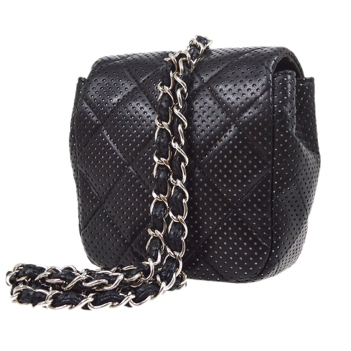 CHANEL 2007 Black Lambskin Perforated Classic Flap Micro