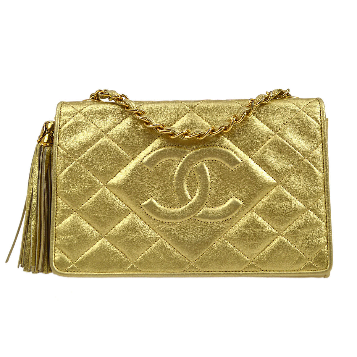 CHANEL 1989-1991 Gold Lambskin Diamond Full Flap