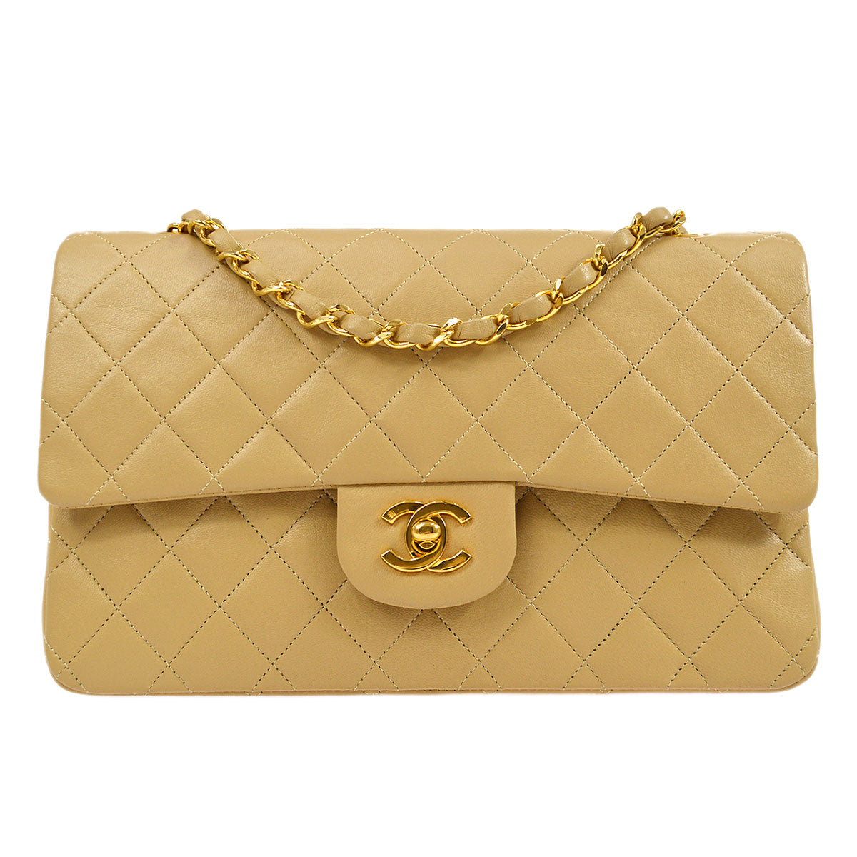 CHANEL 1989-1991 Beige Lambskin Quilted Double Chain Medium