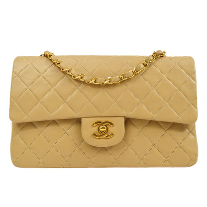 CHANEL 1989-1991 Beige Lambskin Quilted Double Chain Medium