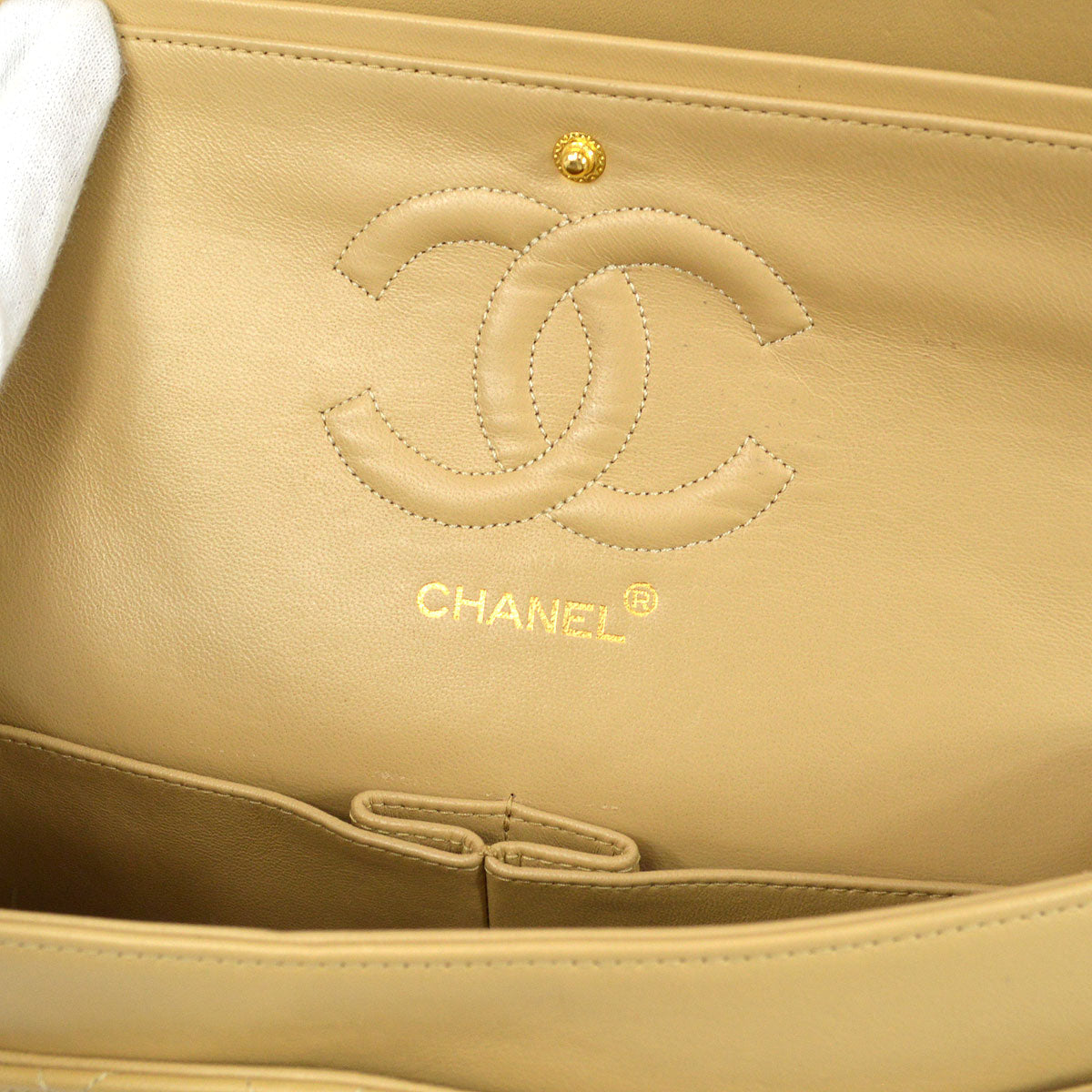 CHANEL 1989-1991 Beige Lambskin Quilted Double Chain Medium