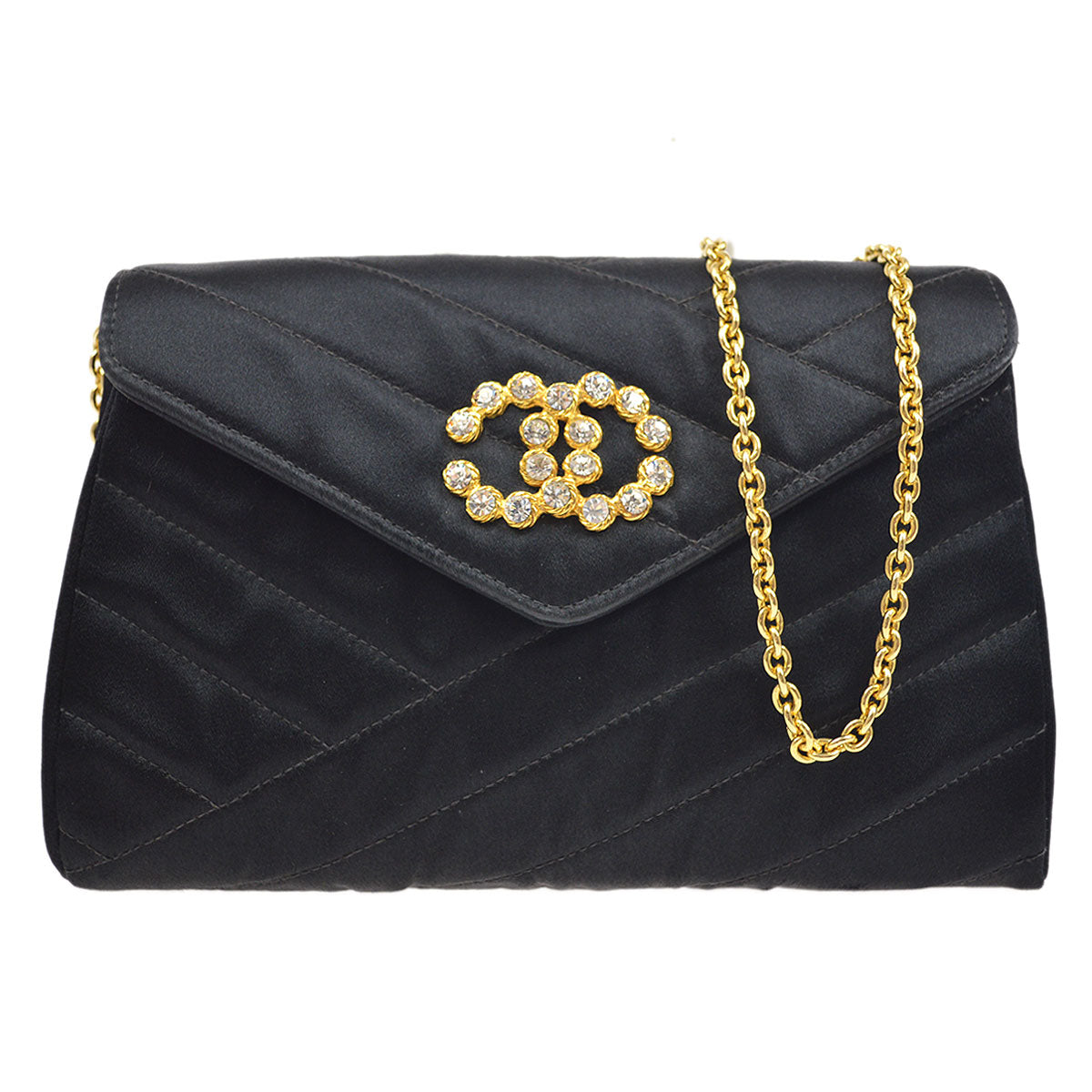 CHANEL 1990's Black Satin Diagonal Crystal & Gold CC Evening Bag