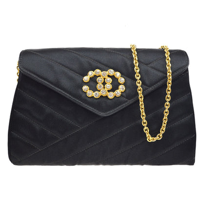 CHANEL 1990's Black Satin Diagonal Crystal & Gold CC Evening Bag