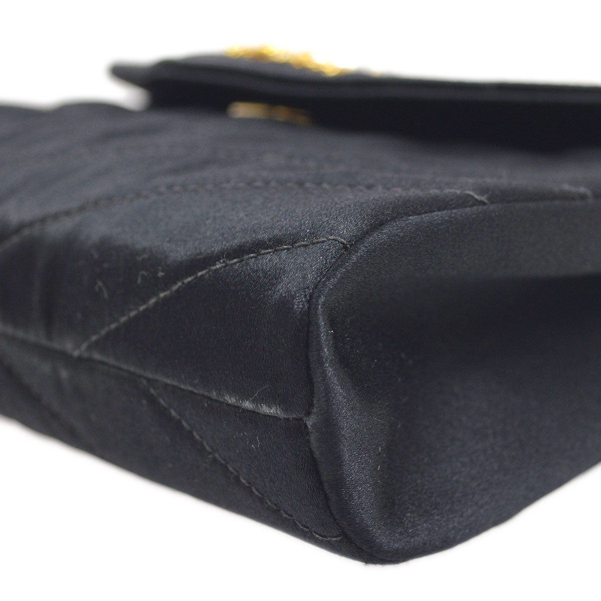 CHANEL 1990's Black Satin Diagonal Crystal & Gold CC Evening Bag