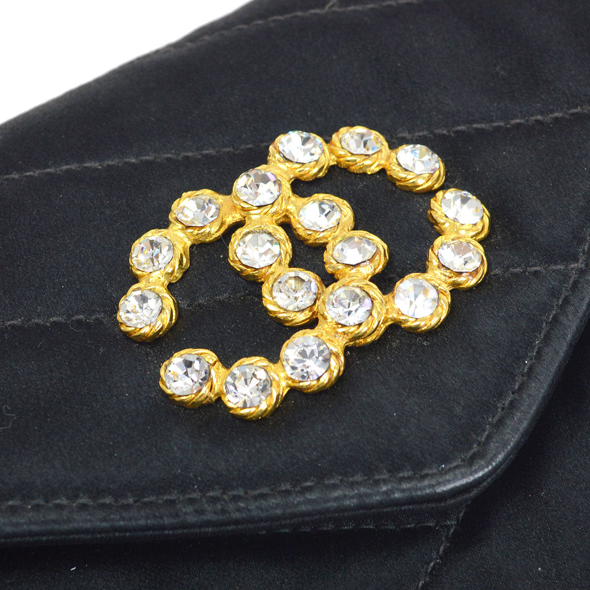 CHANEL 1990's Black Satin Diagonal Crystal & Gold CC Evening Bag