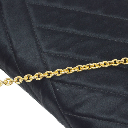 CHANEL 1990's Black Satin Diagonal Crystal & Gold CC Evening Bag